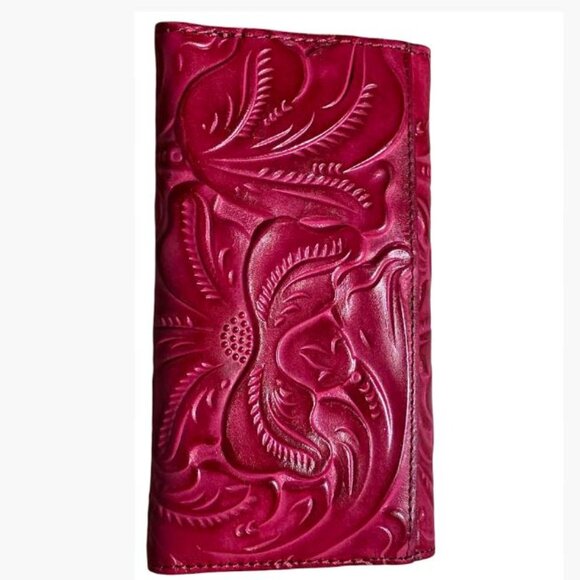 Patricia Nash Tri-Fold Pink Fuchsia Tooled Leather Long Wallet  EUC  Like New - Picture 1 of 11